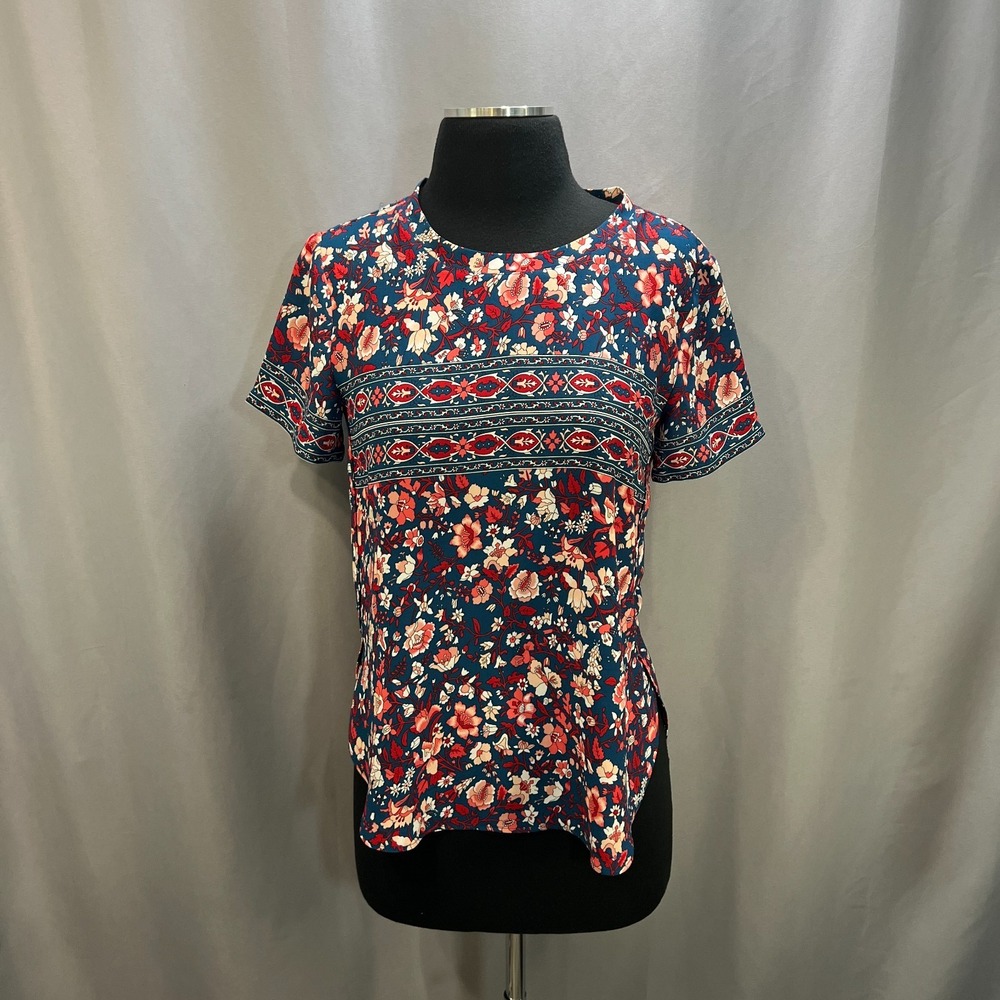 Loft Blouse Top Womens 2XS Multicolor Floral Curved Hem Short Sleeve Everyday